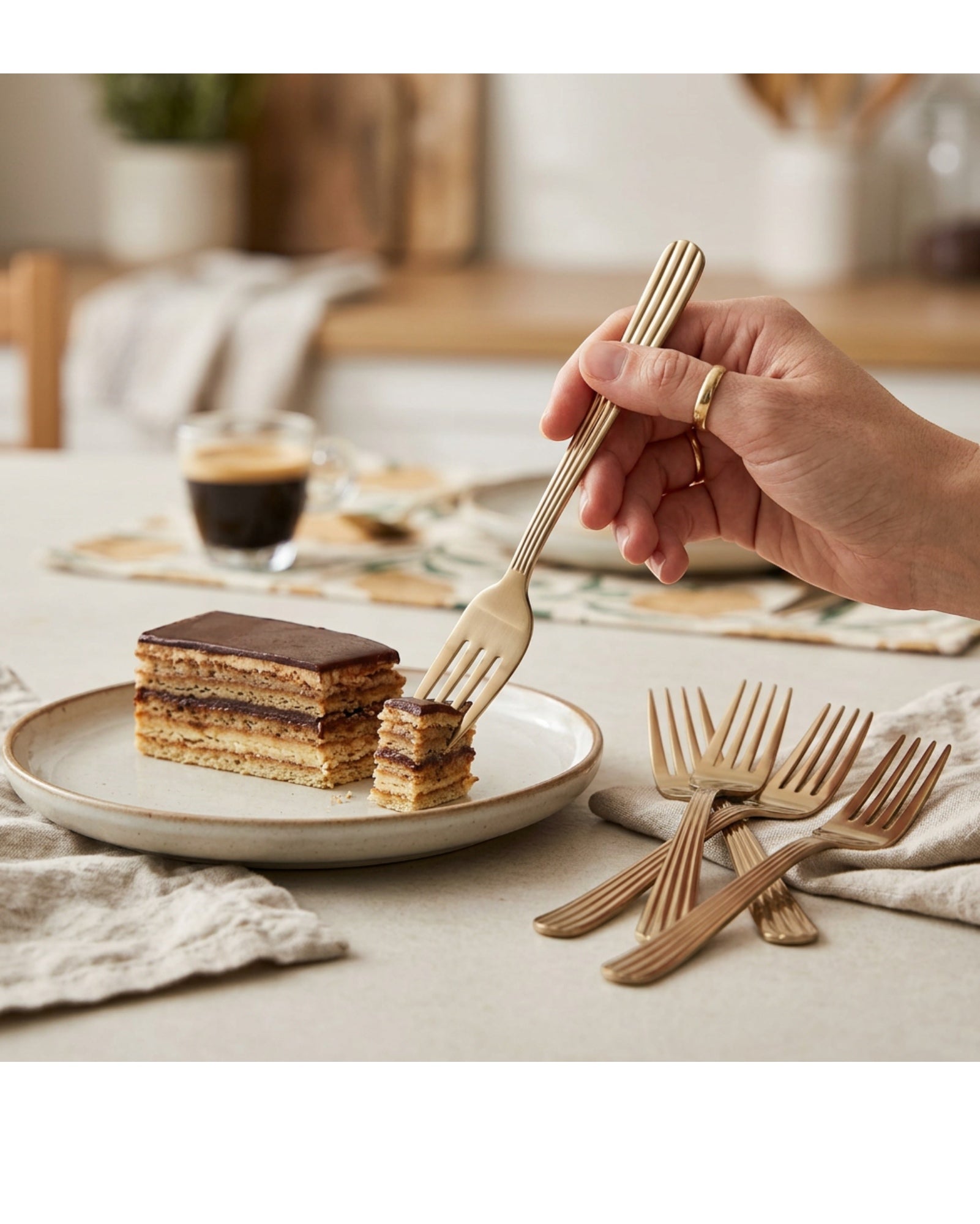 Biat Stainless Steel Dessert Forks 15 cm Champagne Set of 6 - Lifestyle view